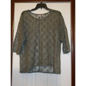 Chico's Elegant Olive Green Lace‎ 3/4 Sleeve Top Semi-Sheer Geometric Pattern
